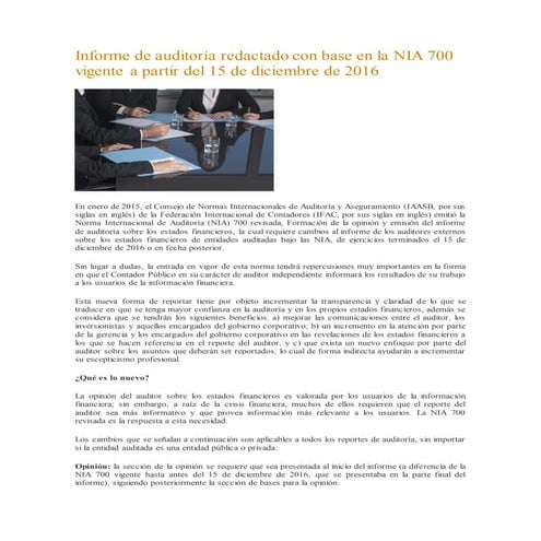 Informe de auditoria redactado base nia 700 vigente del 15 12 2016