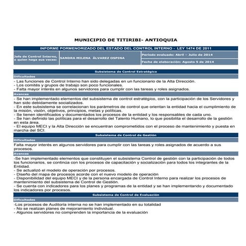 Informe pormenorizado del estado de control interno | DOCX