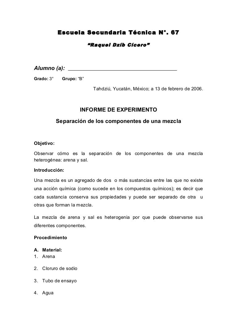 Informe de experimento 3er grado secundaria