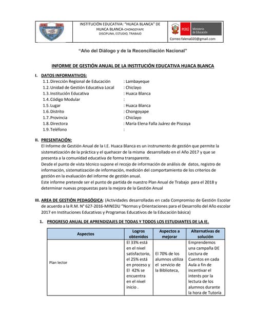Informe de gestión anual de la i e  huaca blanca