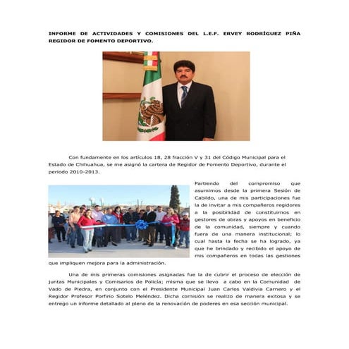 Informe de l.e.f. ervey rodríguez piña regidor de fomento deportivo.
