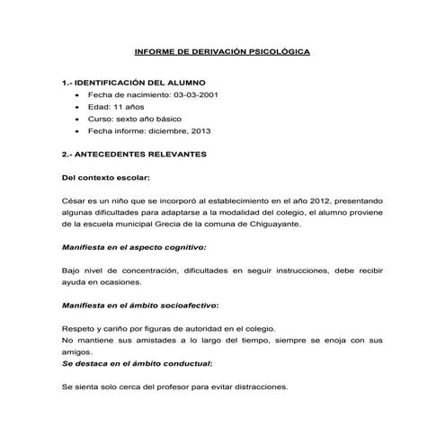ejemplo Informe derivación psicologica
