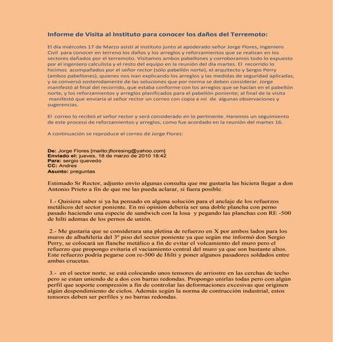 Informe De Visita Al Instituto Por El Terremoto