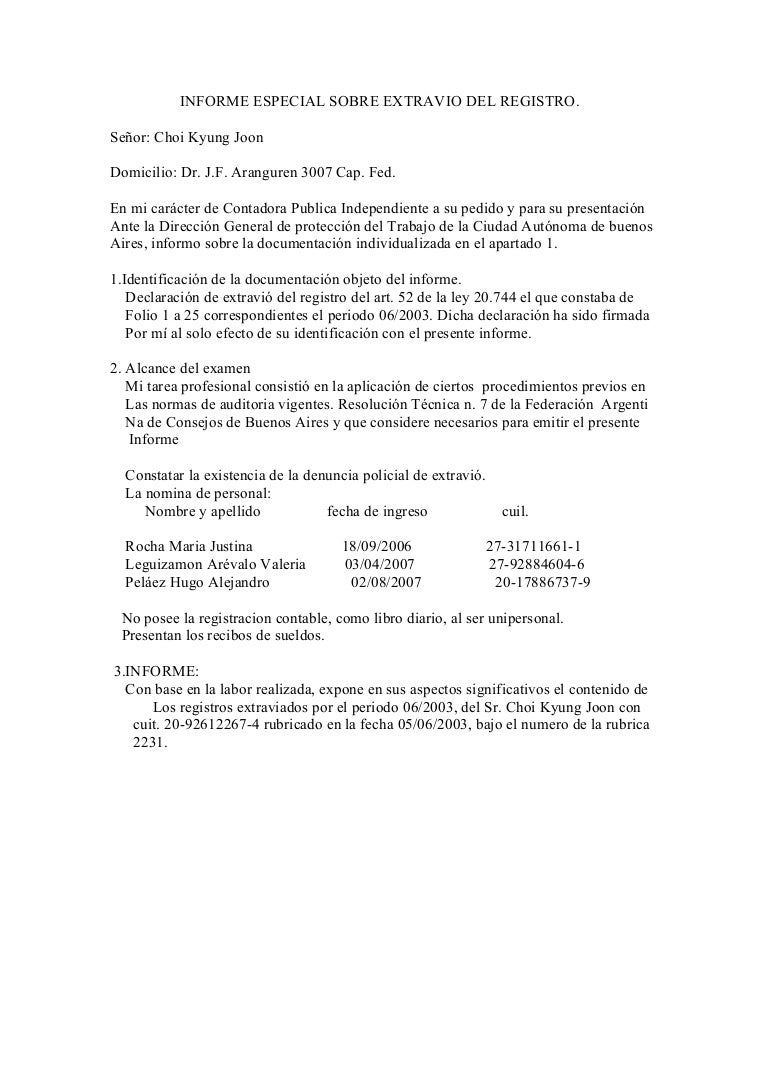 Informe Especial Sobre Extravio Del Registro
