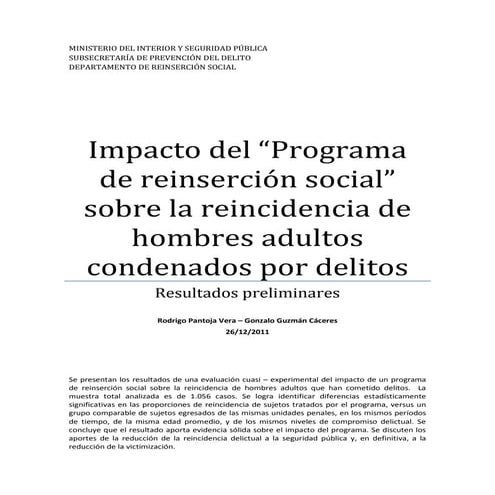 Informe evaluacion de impacto preliminar programa reinsercion social 2011