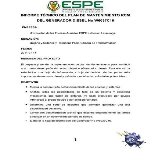 Mantenimiento RCM generador diesel