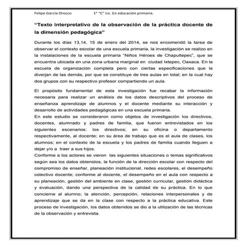 Texto  interpretativo de la observacion de la practica docente de la dimensió...