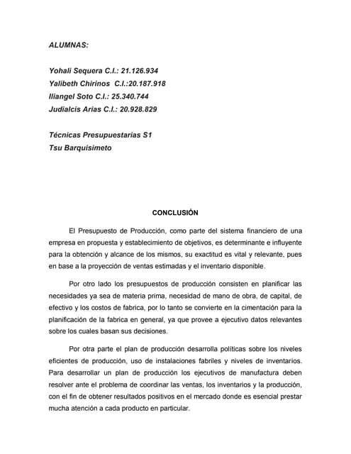 Informe presupuesto de producción