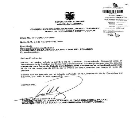 Informe para segundo debate de la Solicitud de Enmienda Constitucional
