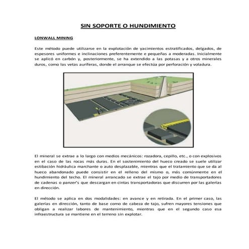 Métodos de explotación subterránea sin soporte o hundimiento