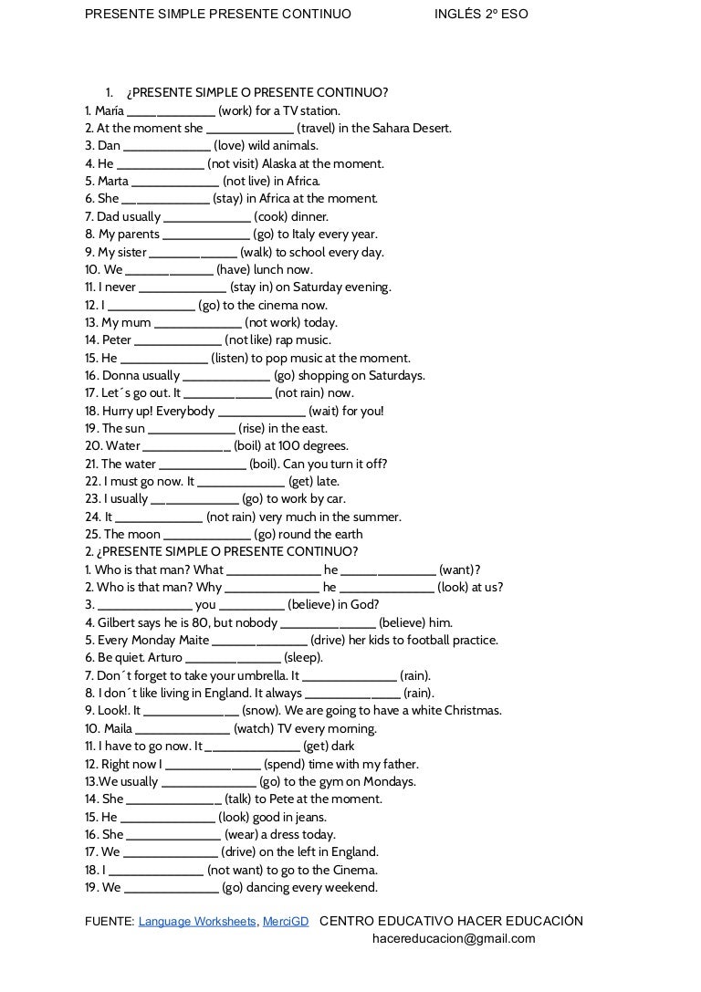 Ejercicios De Ingles Presente Simple Y Continuo 2 Eso Ingles. presente simple presente continuo