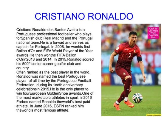 Presentation on Cristiano Ronaldo | PPTX | Soccer | Sports