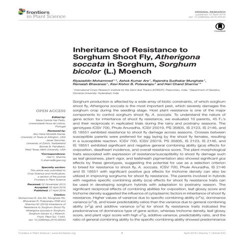 Inheritance of Resistance to Sorghum ShootFly, Atherigona soccata in Sorghum,...