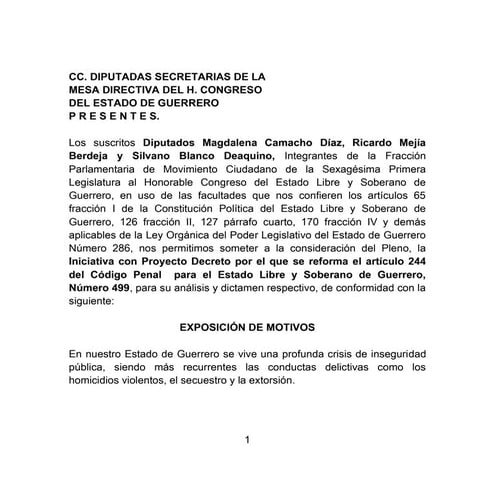 Iniciativa de decreto por el que se reforma el artículo 244 del código penal ...