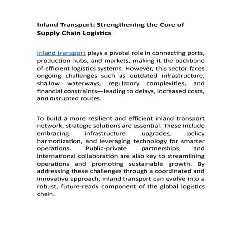 Inland Transport: Strengthening the Core of Supply Chain Logistics | PDF