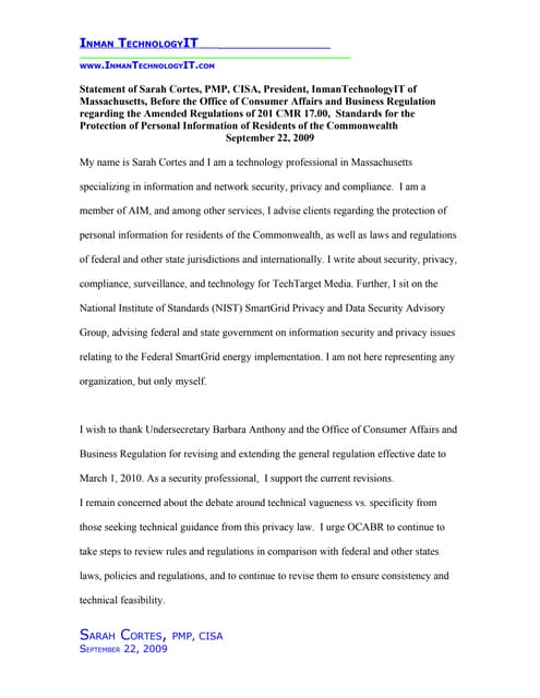 Sarah Cortes MA data breach law Testimony Sept 22 2009
