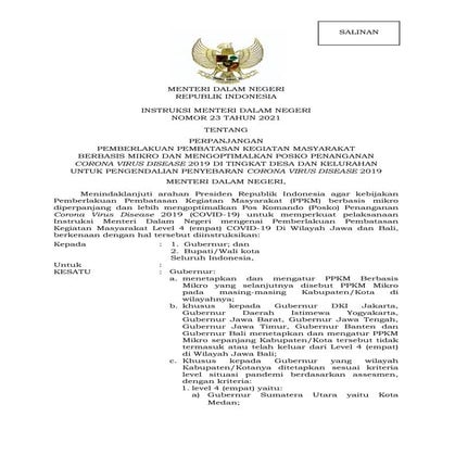 Inmendagri ppkm mikro no. 23 tahun 2021