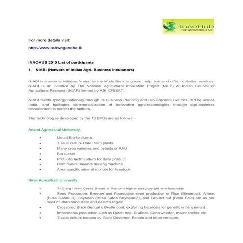 Innohub 2010 details of exhibitors