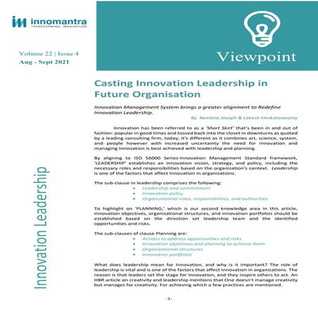 Innomantra's Viewpoint - Casting Innovation Leadership in Future Organisation 