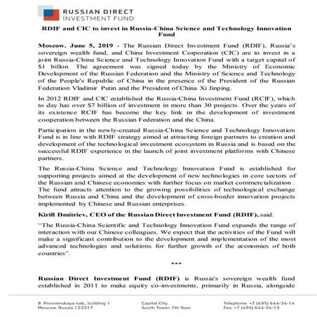 RDIF and CIC to invest in Russia-China Science and Technology Innovation Fund