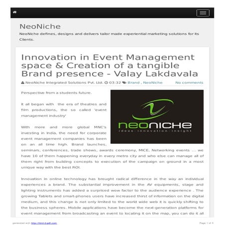 Innovation in event management space & creation of a tangible brand presence ...