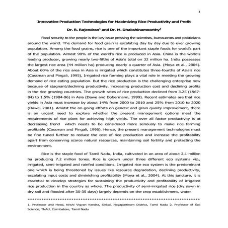 Innovative production technologies for maximizing rice productivity and profit