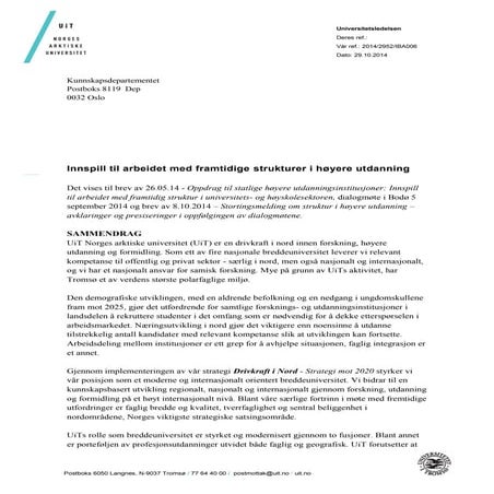 Innspill til arbeidet med framtidige strukturer i høyere utdanning