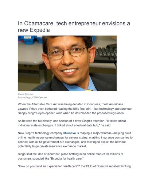 In obamacare, tech entrepreneur envisions a new expedia - hCentive news