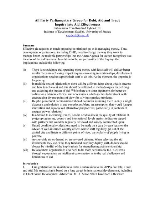 Inquiry into aid effectiveness. Evidence submission from Rosalind Eyben. July09
