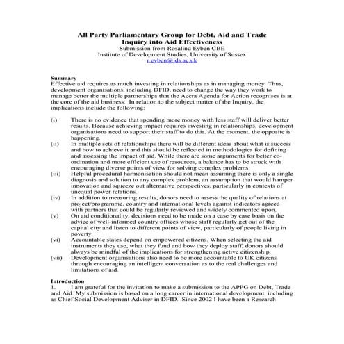 Inquiry into aid effectiveness. Evidence submission from Rosalind Eyben. July09