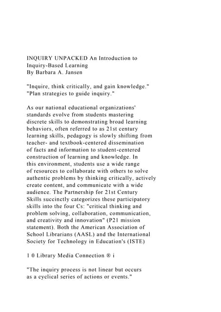 INQUIRY UNPACKED An Introduction toInquiry-Based LearningB.docx