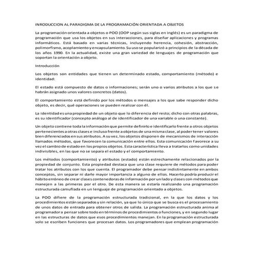 Inroduccion al paradigma de la programación orientada a objetos