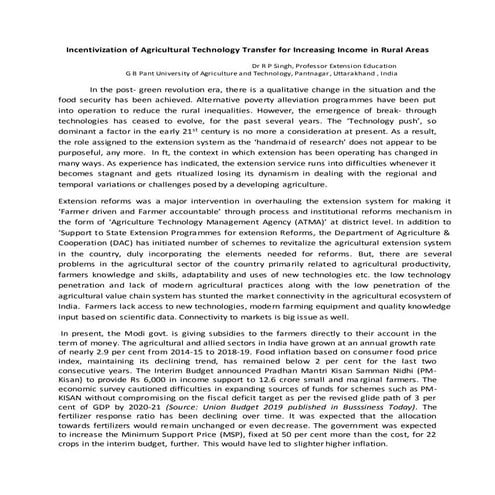 Insentivization of agriculture technology transfer