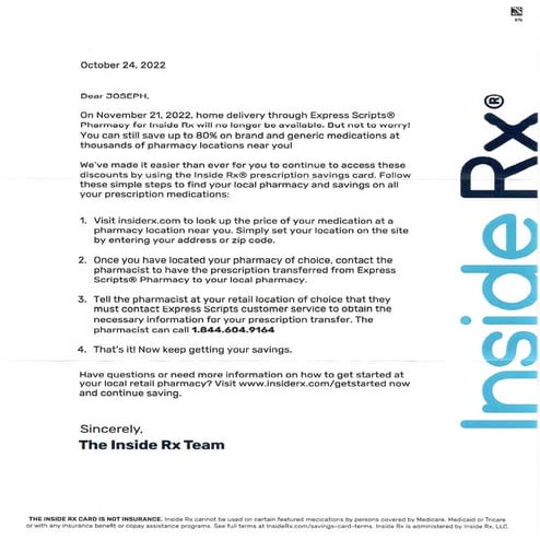 Letter to Express Scripts Cash-Pay Mail Order Pharmacy by InsideRx | PDF