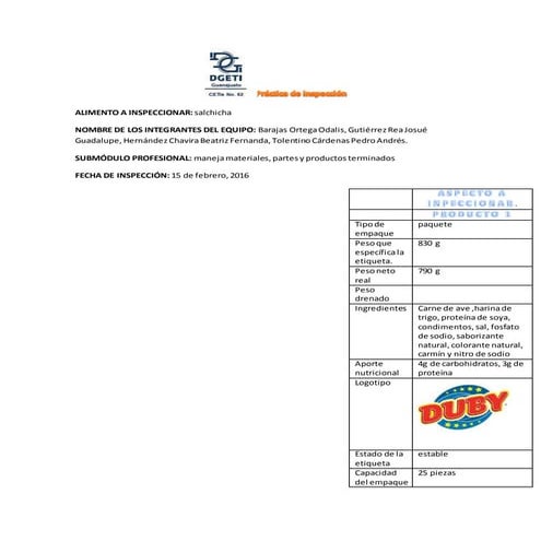 Inspección de un paquete de salchicha (producto terminado)