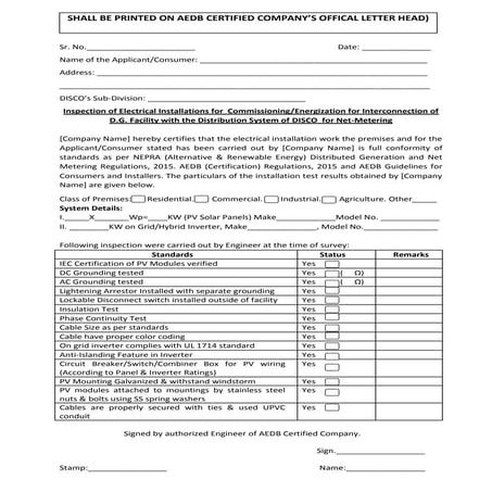 Inspection certificate from instaler