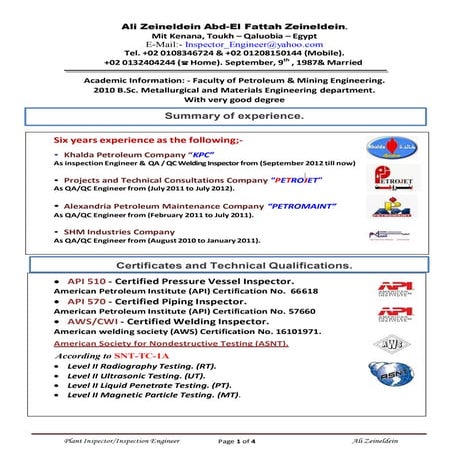 Inspection engineer ali zeineldein | PDF