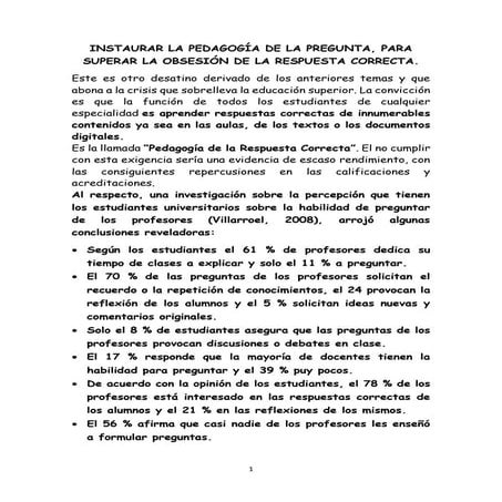 INSTAURAR LA PEDAGOGÍA DE LA PREGUNTA,  PARA SUPERAR LA OBSESIÓN DE LA RESPUE...