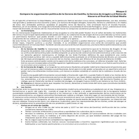 Bloque 2. Compara la organización política de la Corona de Castilla, la Corona de Aragón y el Reino de Navarra al final de la Edad Media