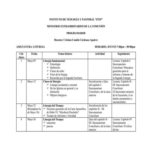 Instituto de teología y pastoral. programador de liturgia. 2016. cristian cárdenas aguirre
