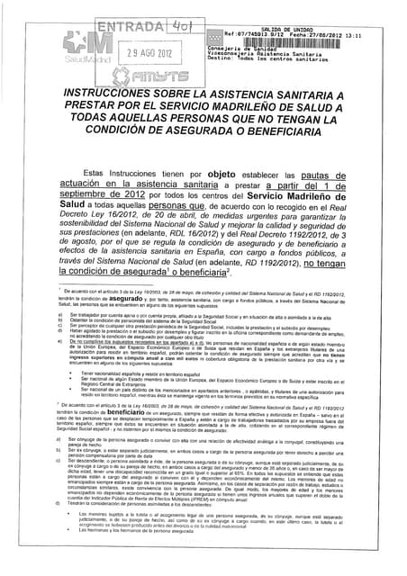 Instrucciones sobre la asistencia sanitaria a las personas no aseguradas
