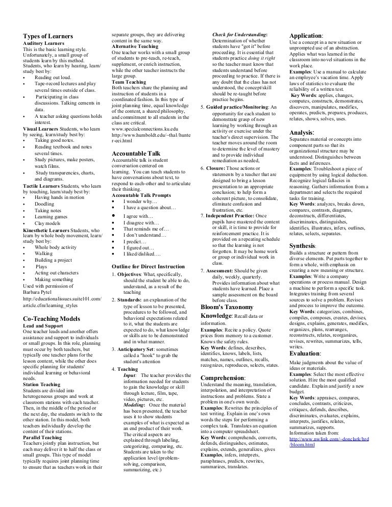 Instructional reference sheet
