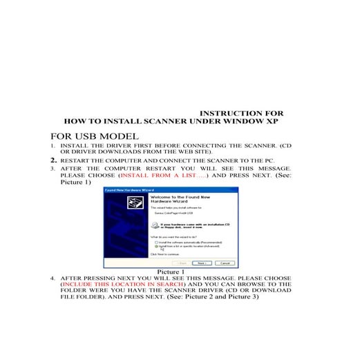 Instruction for installing scanner under xp | PDF
