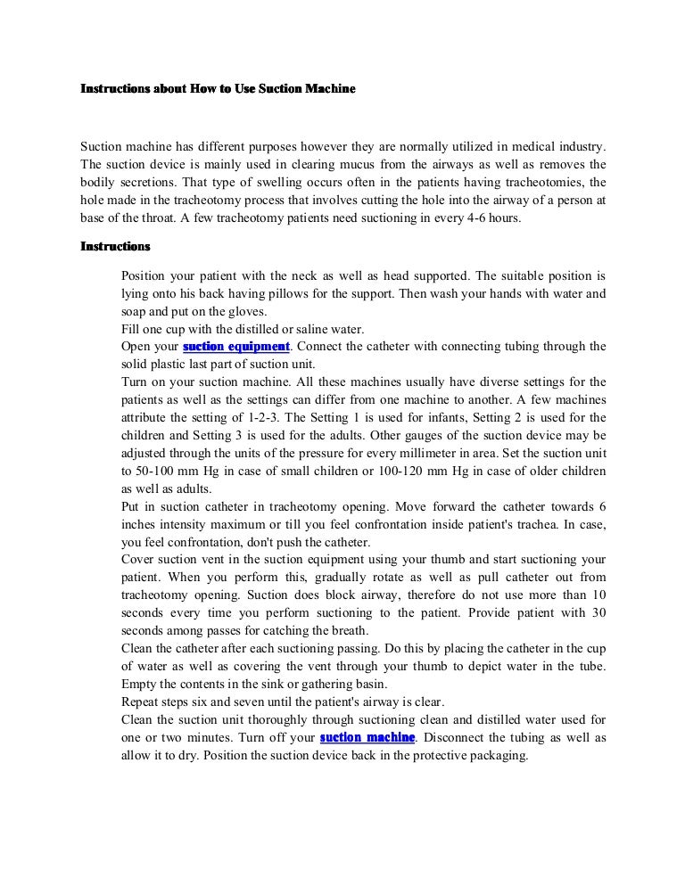 Instructions about how to use suction machine