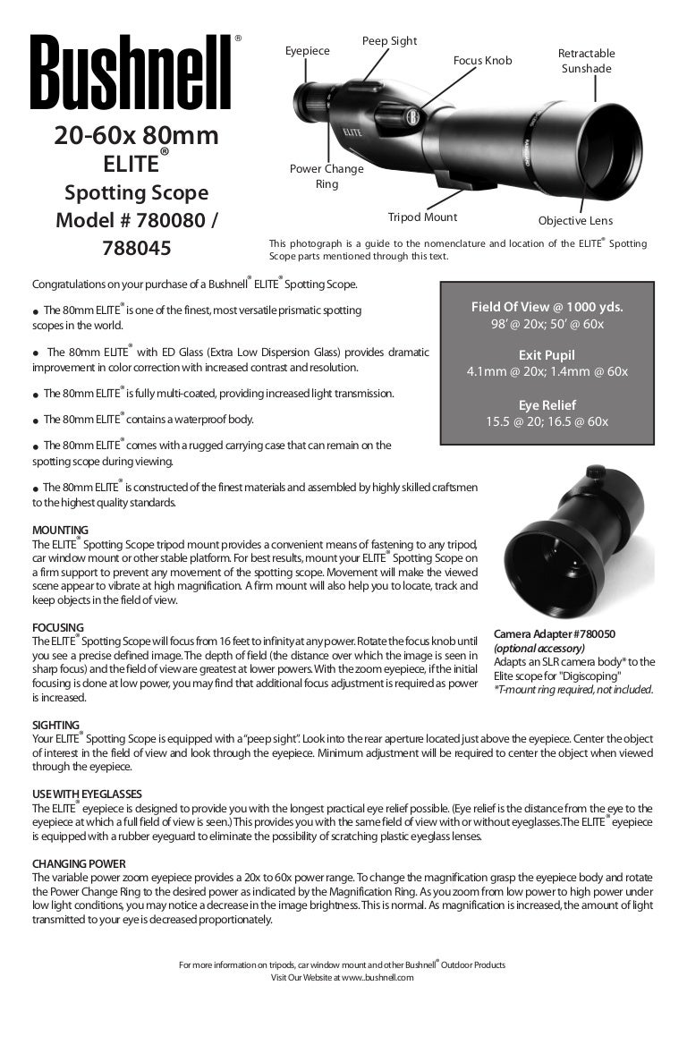 Instructions BUSHNELL Elite 80mm Spotting Scope Optics Trade