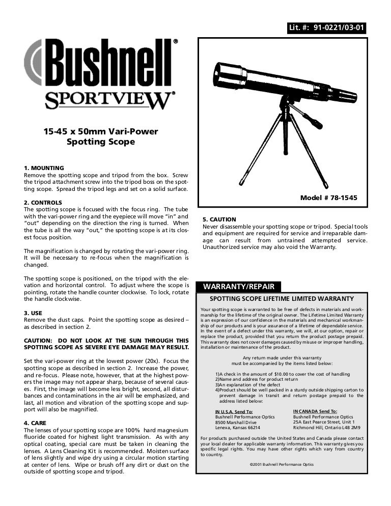 Instructions BUSHNELL Sportview 1545x50 Spotting Scope Optics Trade