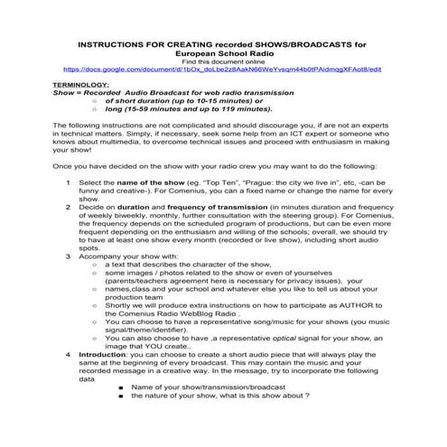 Instructions for creating broadcasts shows