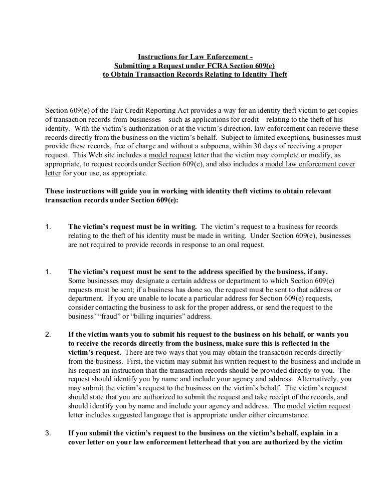 instructions for law enforcement submitting request under fcra sectio section 609 fcra letter