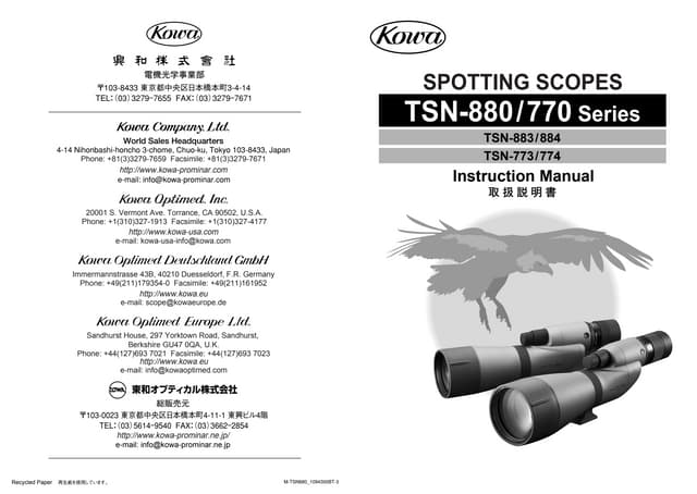 Instructions KOWA TSN-770, 773, 774, 880, 883, 884 Spotting Scope