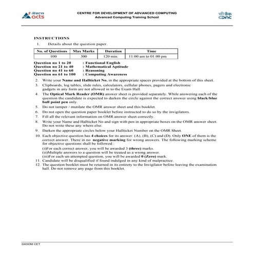Instructions to candidates For DASDM